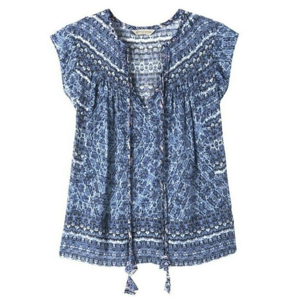 Rebecca Taylor Silk Cotton Blouse Womens 0 Blue Sleeveless Paisley Peasant Top